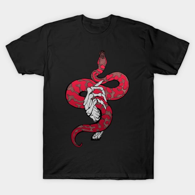 Red snake in skeleton hand T-Shirt by Jess Adams